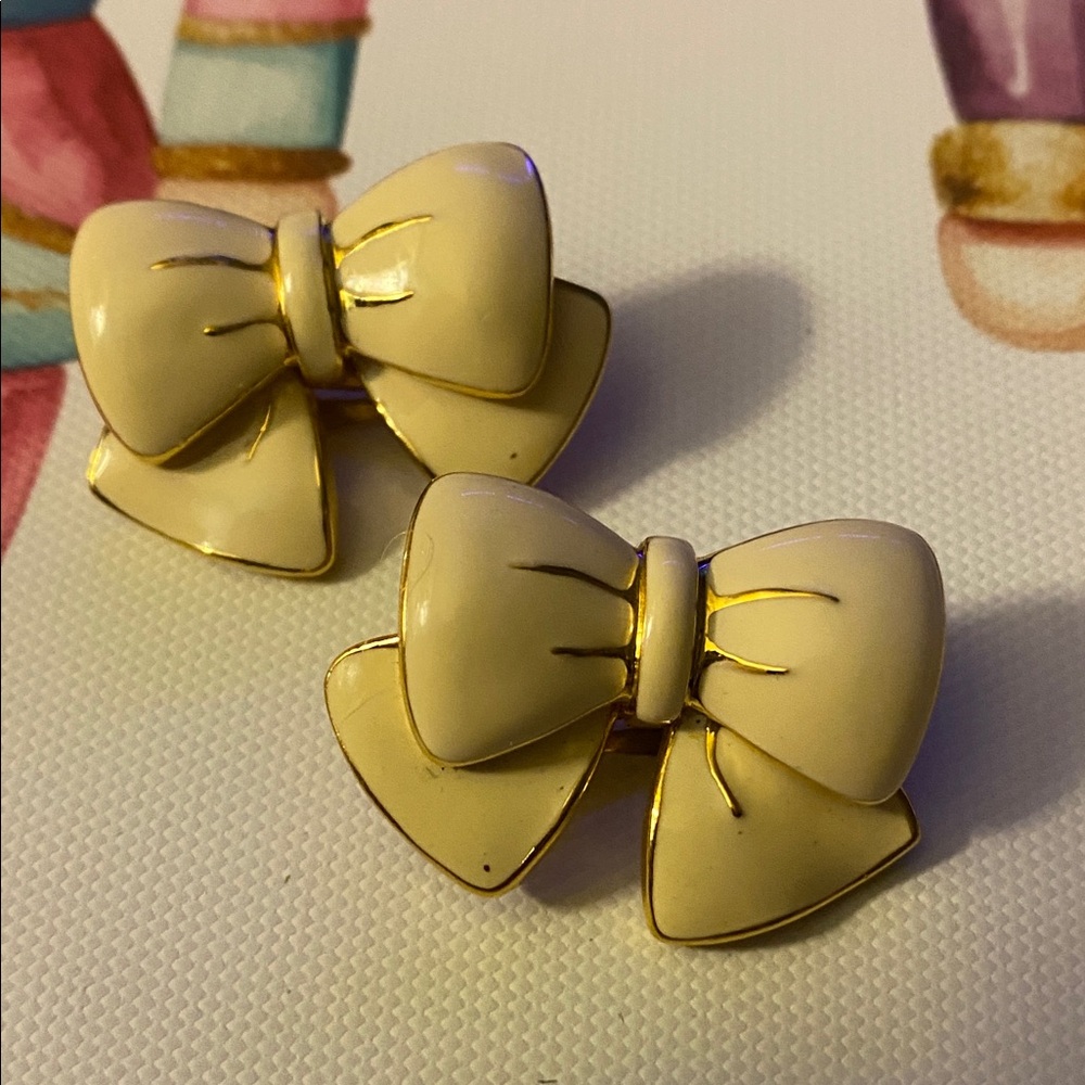 Cream and Gold Bow Clip-On Earrings